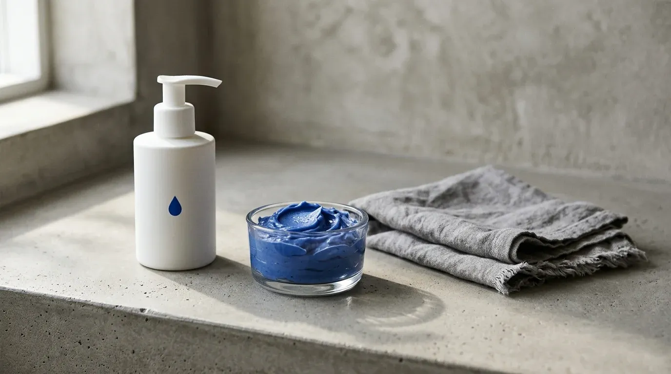 Blue toning shampoo and rich hair mask on a concrete bathroom vanity.