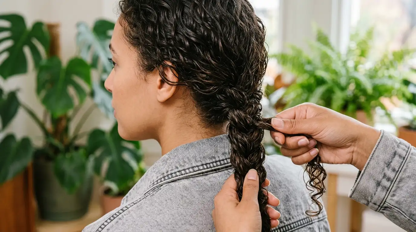 Brunette curls being gathered into a neat moisture-locked back braid