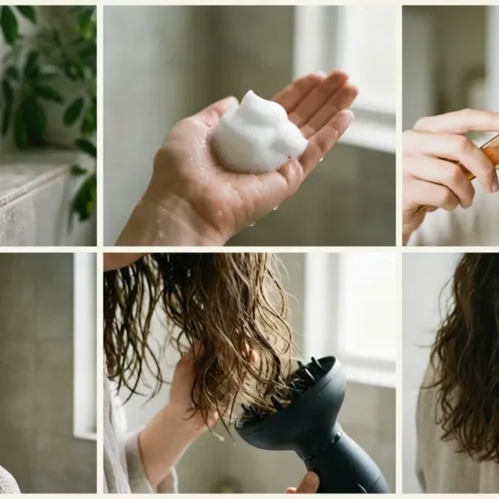 Six panel collage showing hair products, microfiber wrapping, and diffusing techniques for straight hair.