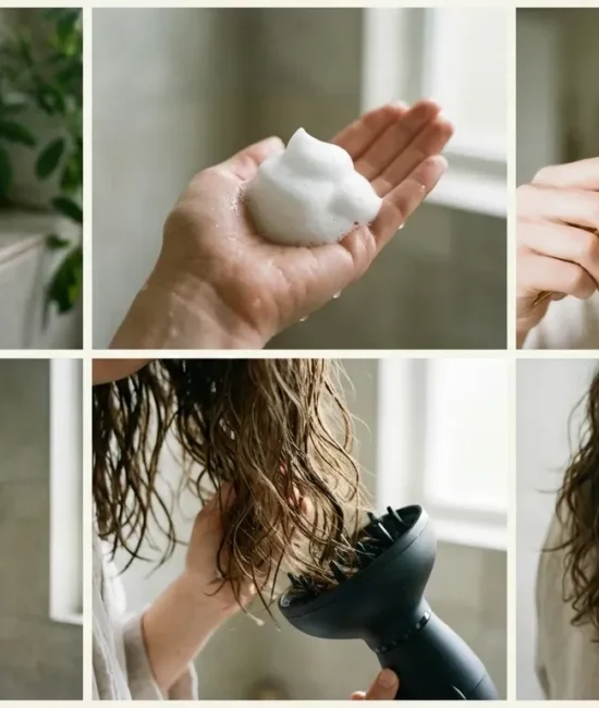 Six panel collage showing hair products, microfiber wrapping, and diffusing techniques for straight hair.