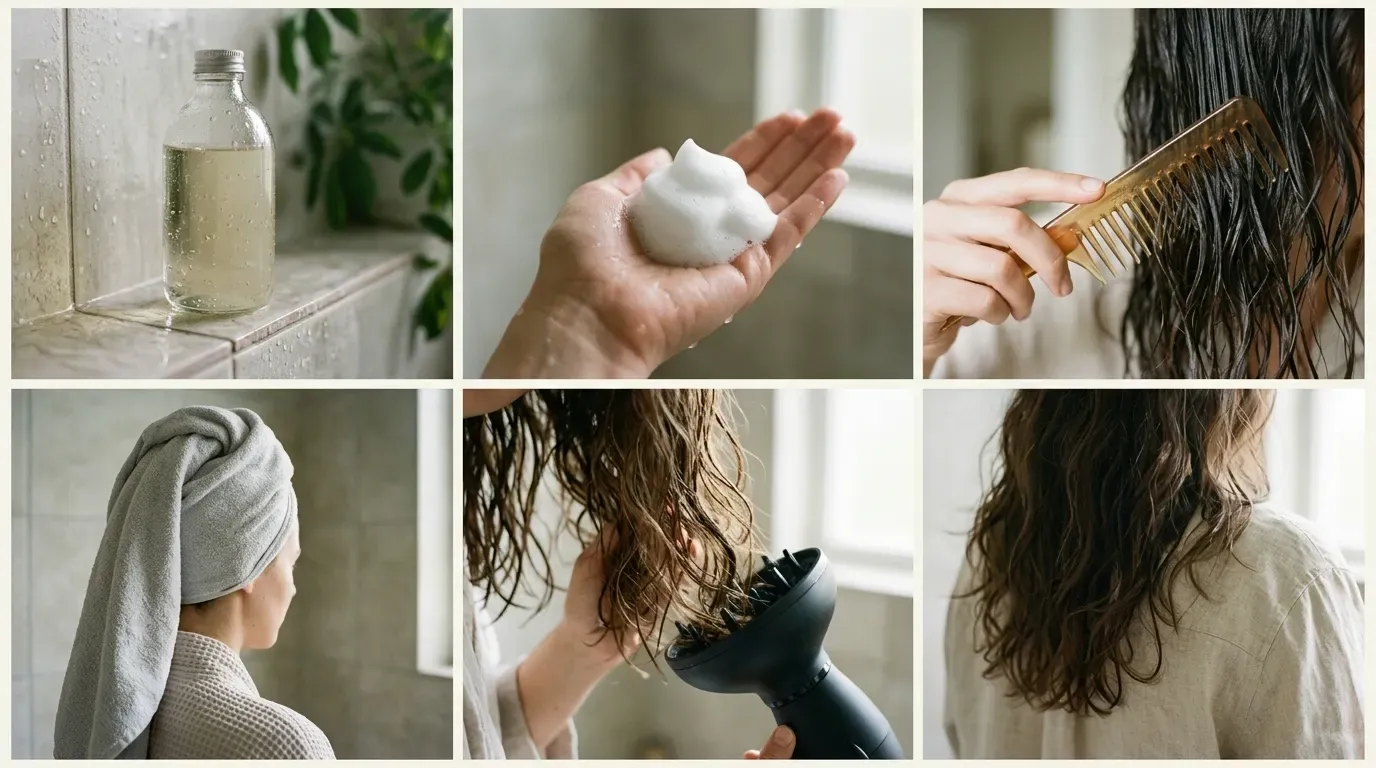Six panel collage showing hair products, microfiber wrapping, and diffusing techniques for straight hair.