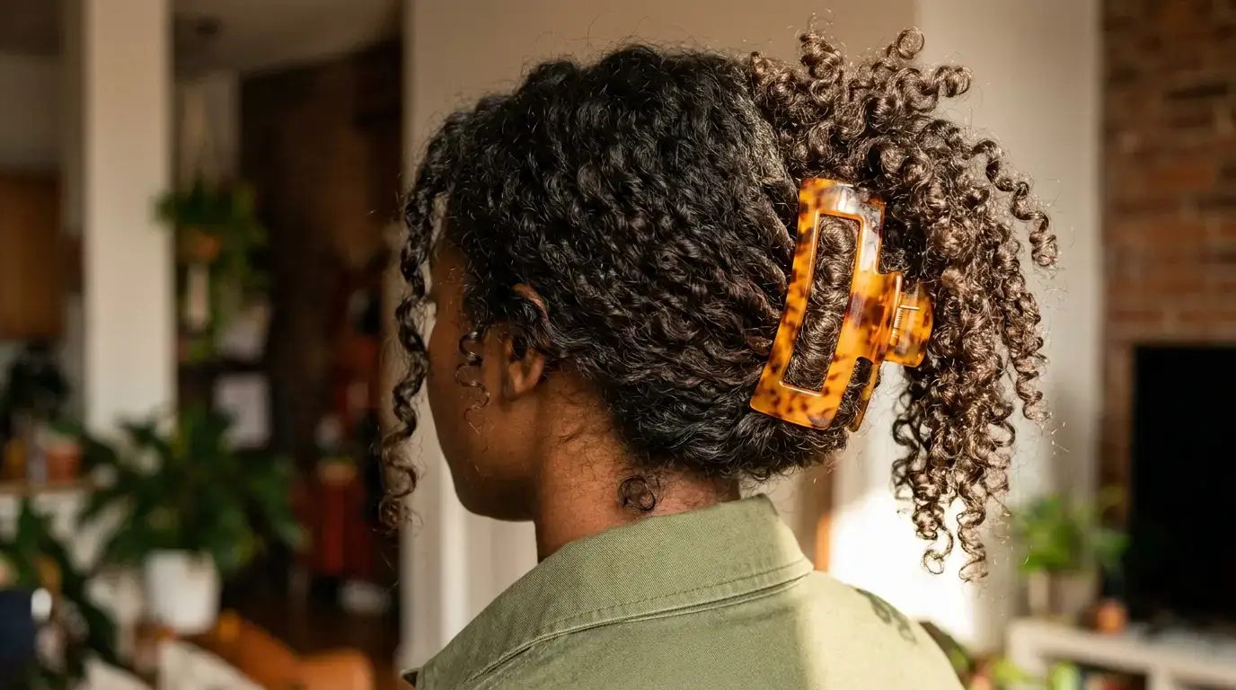 Voluminous natural curls styled into a high updo held by a large hollow acetate claw clip.