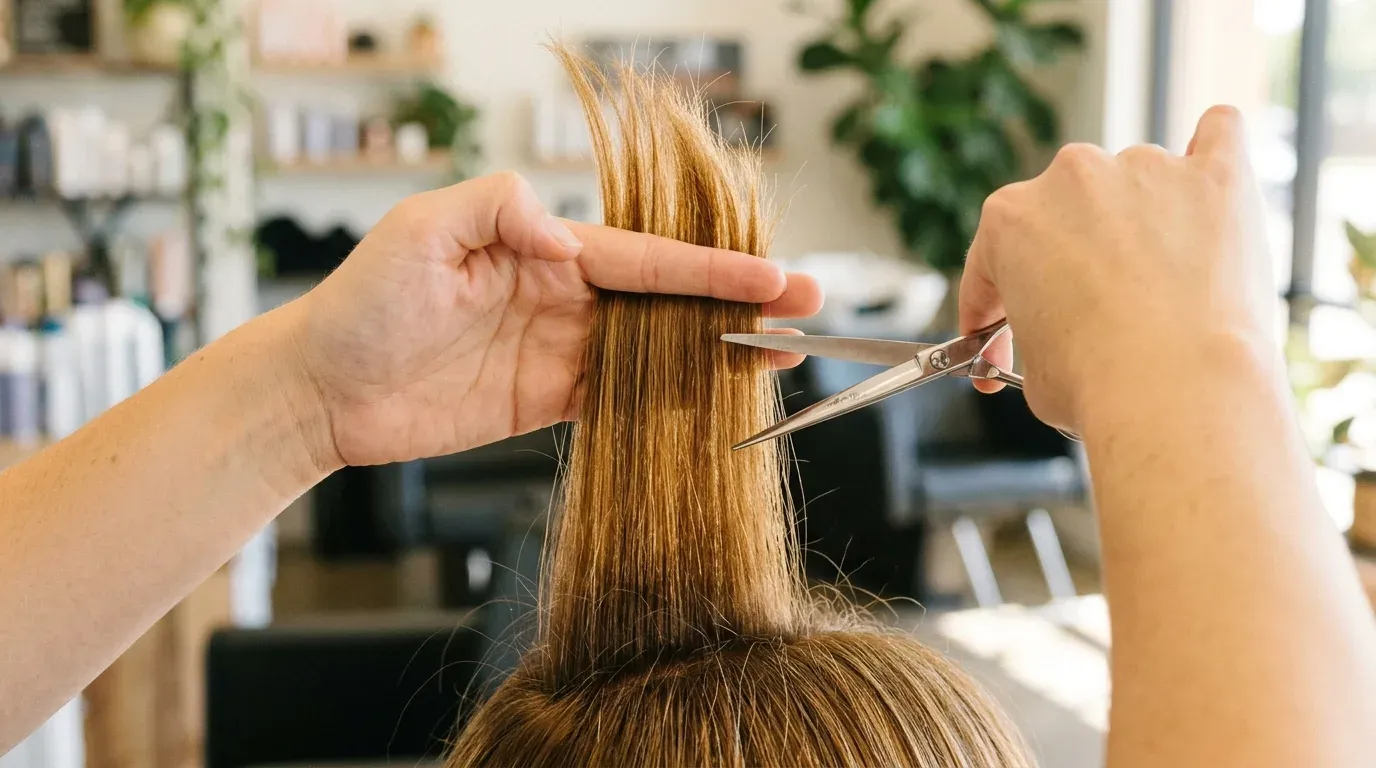 Hairdresser holding hair section straight up while point cutting ends to add movement and volume.
