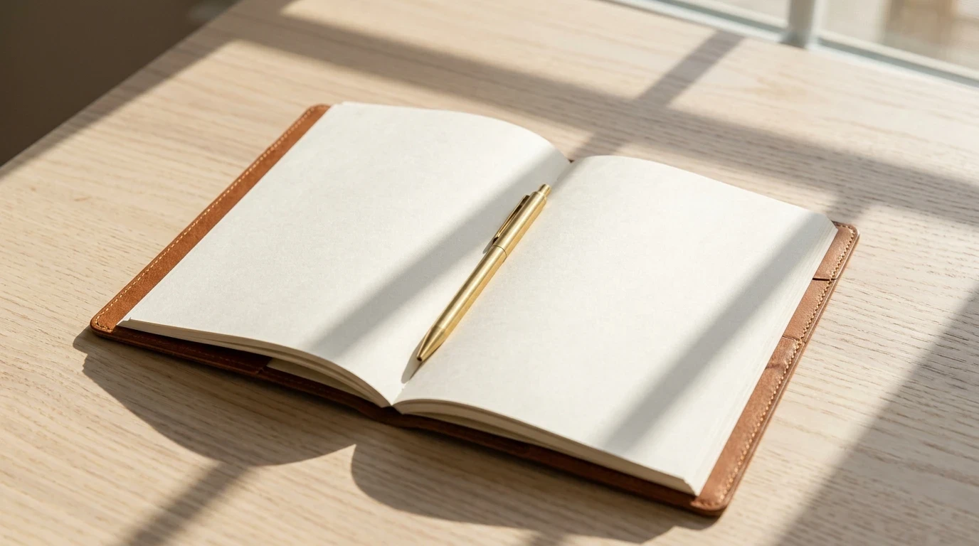 Open planner and brass pen on an ash wood desk illuminated by clean morning daylight.