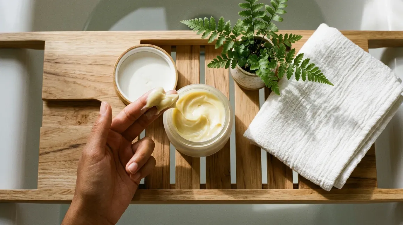 A hand scooping rich hair mask cream from a glass jar on a wooden bath board.