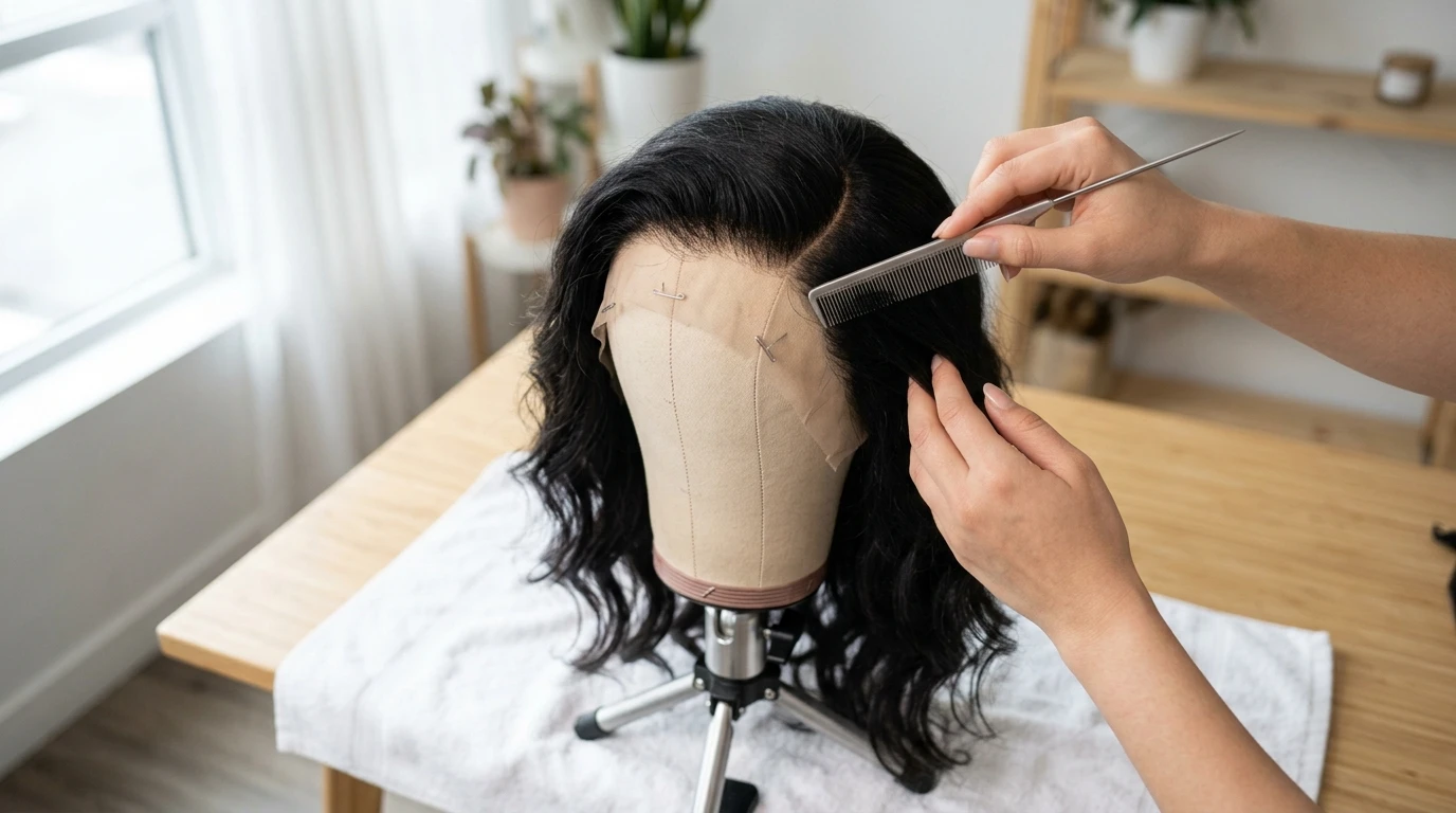 Canvas block head showing a deep curved side part on a 13x6 lace frontal wig