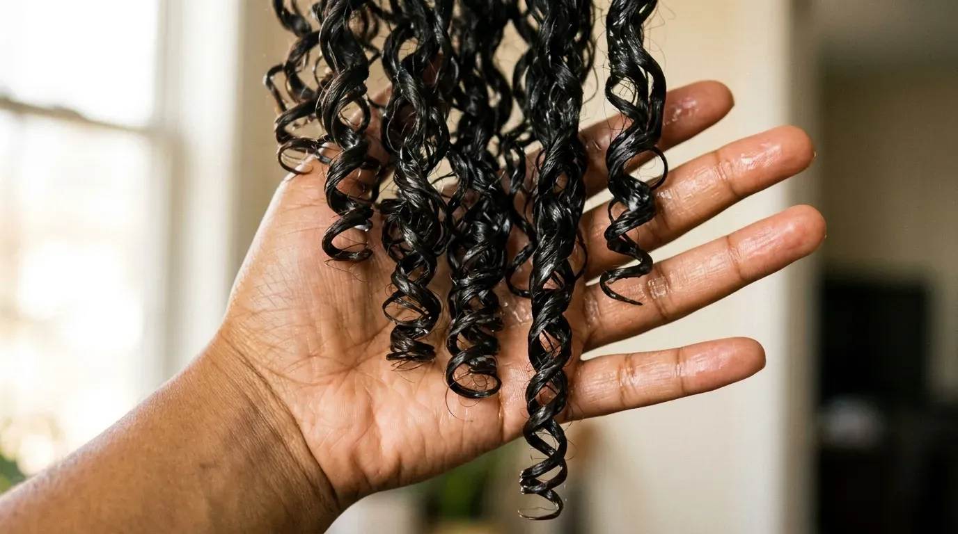 Defining damp curl clumps with curl cream to prevent frizz during drying.