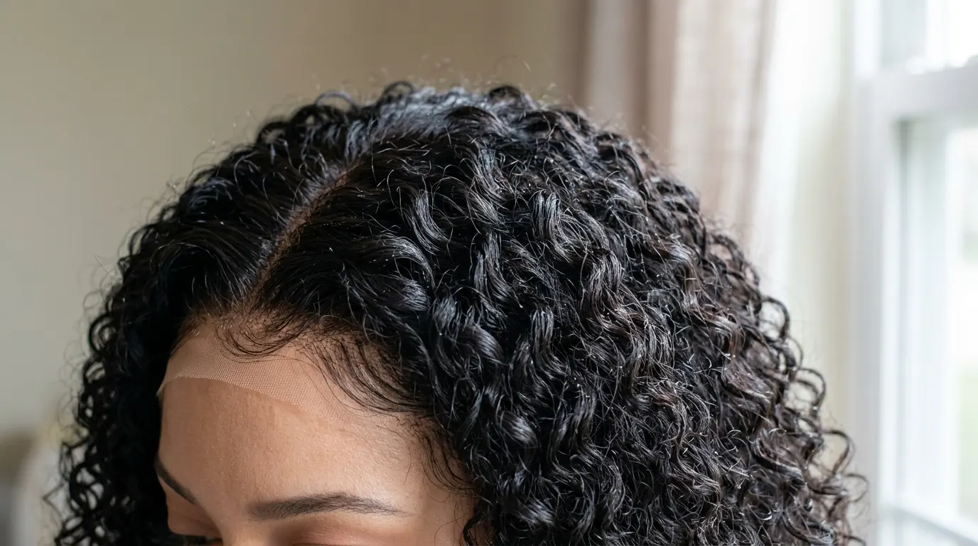 Hydrated bouncy deep curl pattern on a human hair lace frontal wig