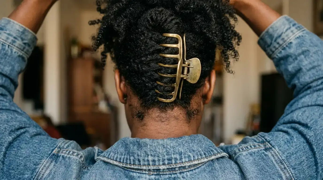 Dense dark textured coils twisted upward and secured along the occipital bone with a large brass claw clip.