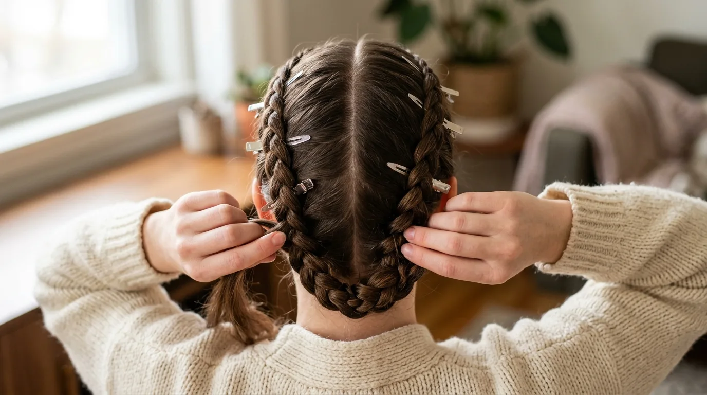 Back view of double crown braids being styled along a crisp center part