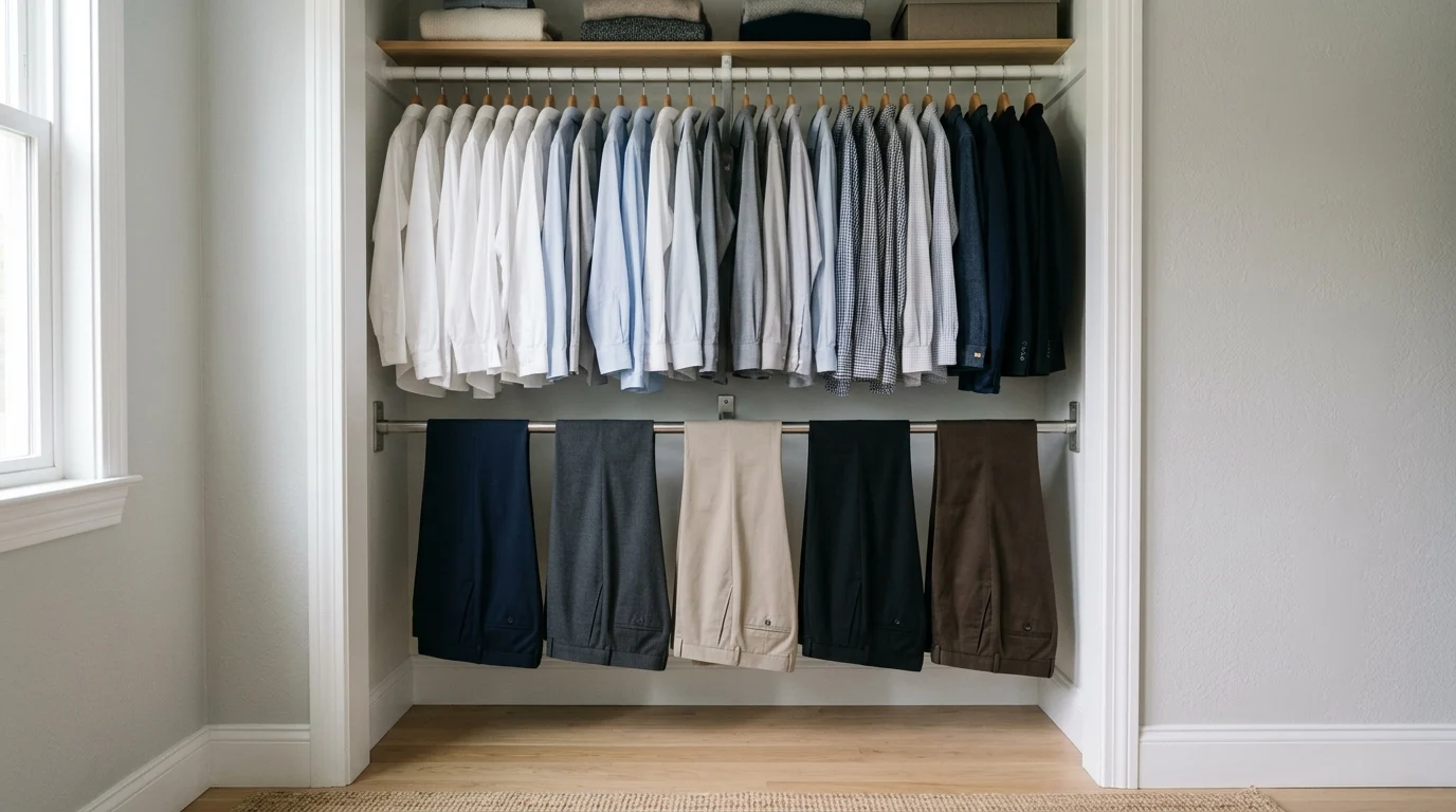 Secondary suspended hanging rod doubling the hanging storage space in a reach-in closet