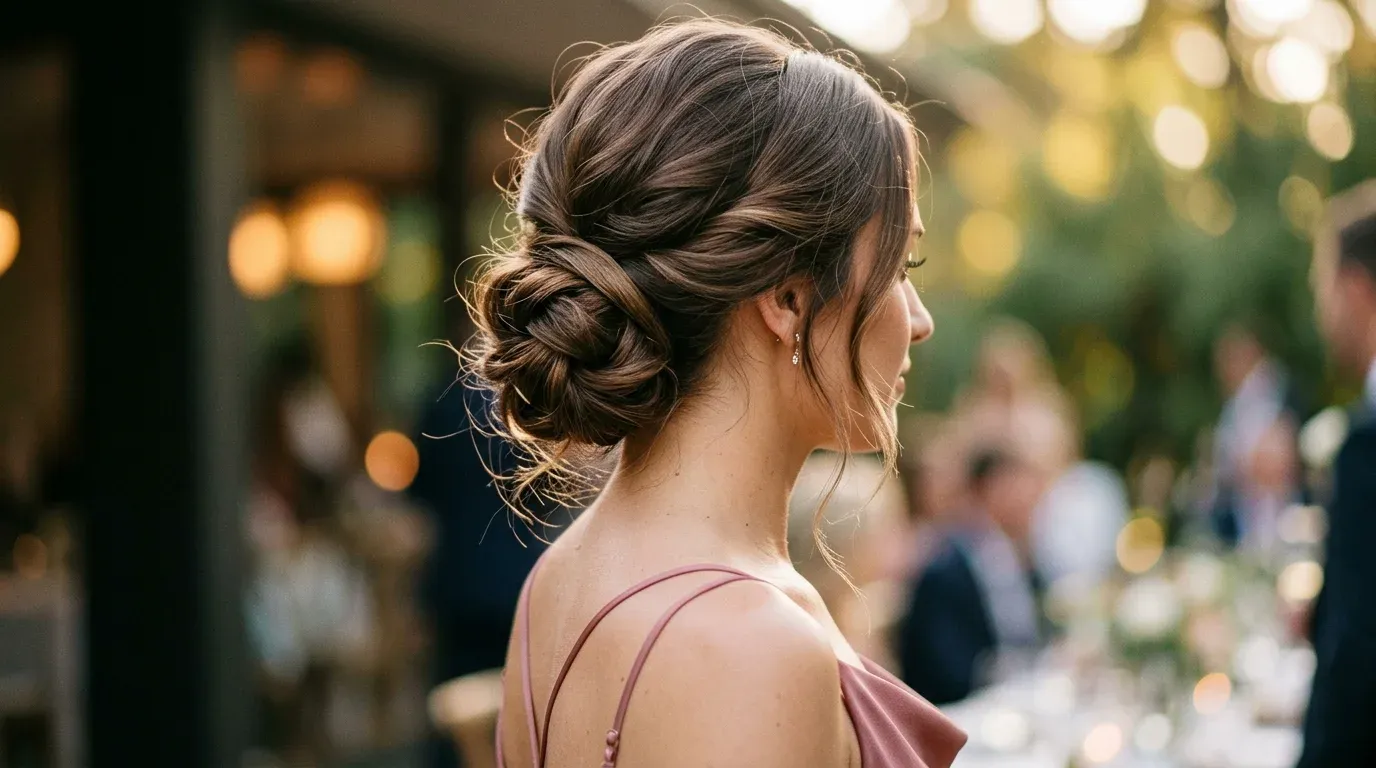 Polished low messy bun with soft barrel waves and a wrapped base suitable for a wedding.