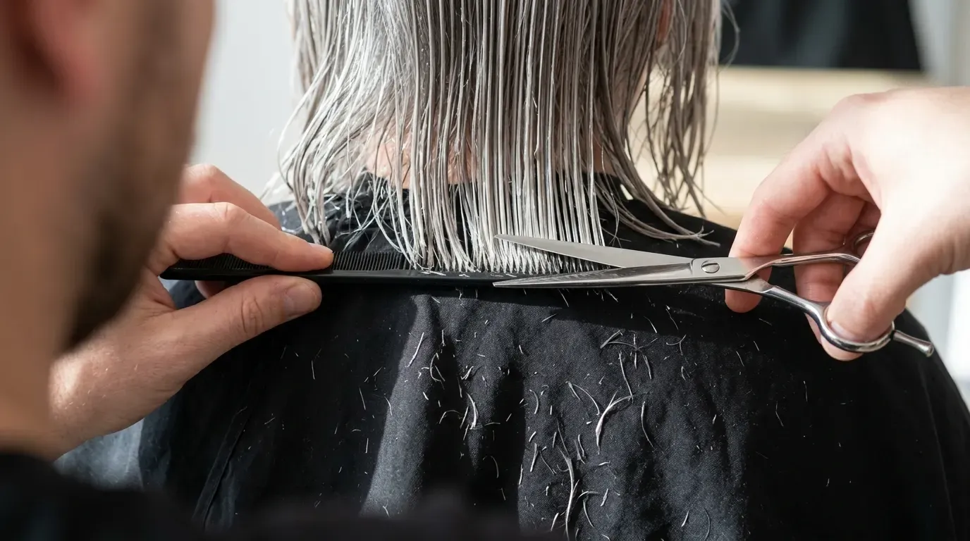 Sharp shears trimming the perimeter of wet gray hair exactly at the collarbone level.