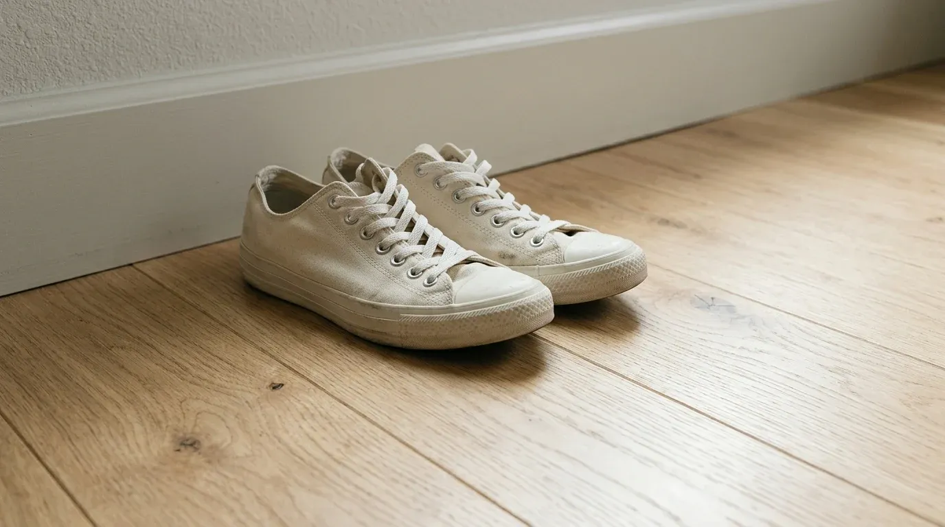 Low top white sneakers resting flat on a polished oak floor demonstrating neutral standing posture.