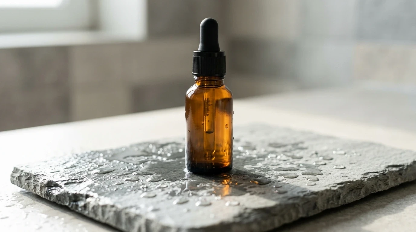 Amber glass serum bottle on a wet slate bathroom counter illuminated by soft morning window light.