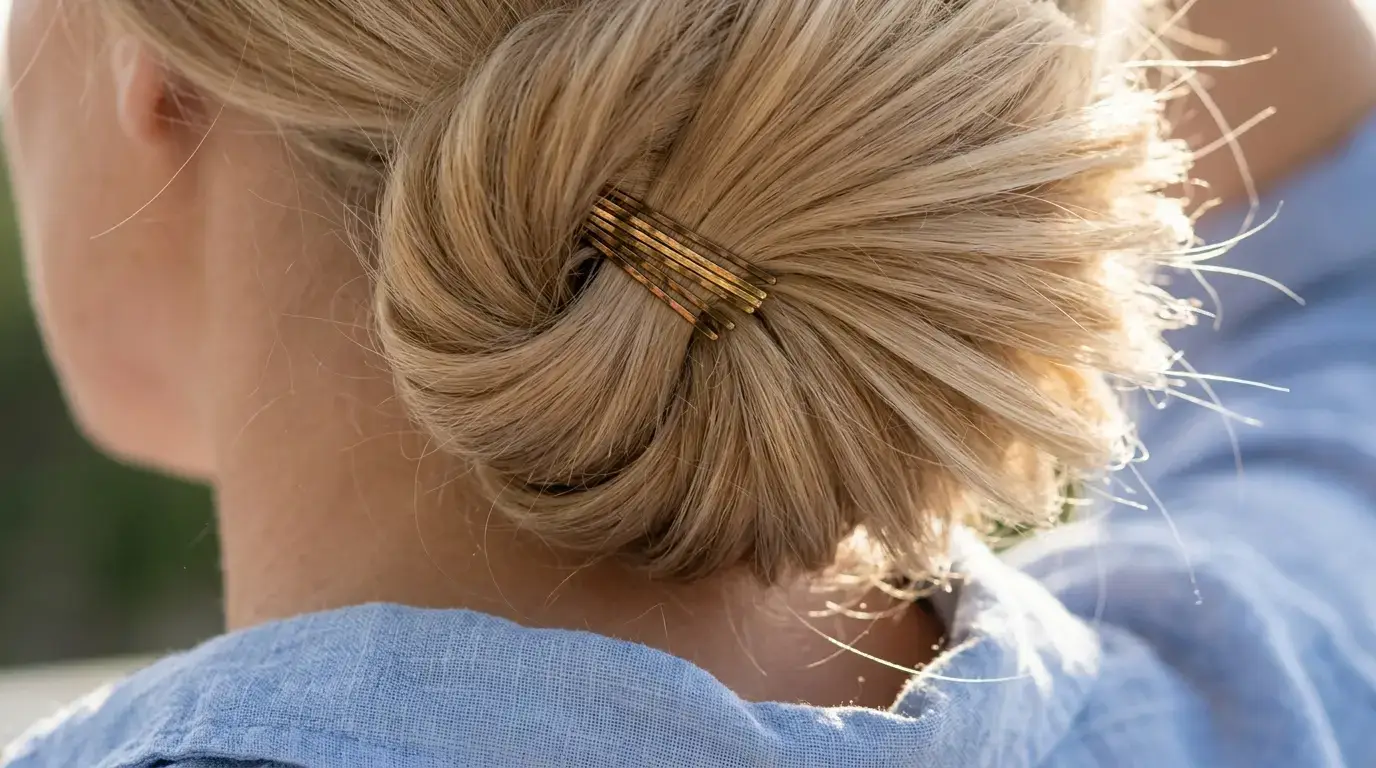 Gently fanning out a pinned hair loop to create the illusion of thick hair volume.
