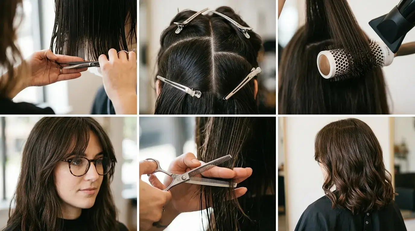 Six box grid showing haircut tools sectioning techniques and finished medium hairstyles for mature women.