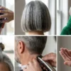 Six panel collage showing hair care steps cuts and styling techniques for silver hair over 50.