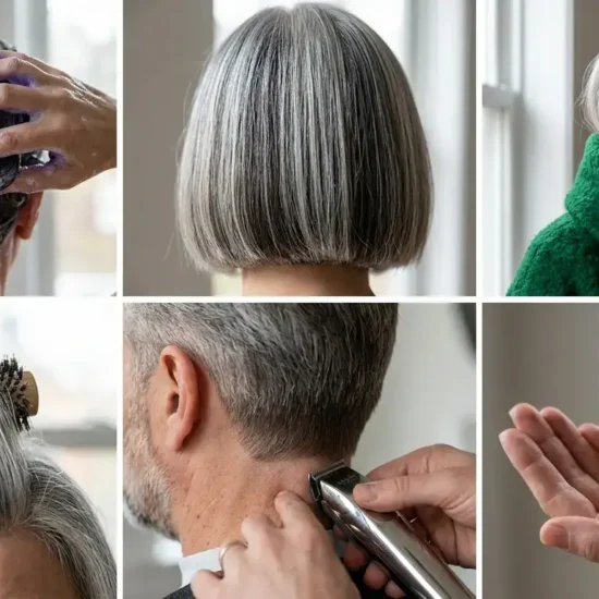 Six panel collage showing hair care steps cuts and styling techniques for silver hair over 50.