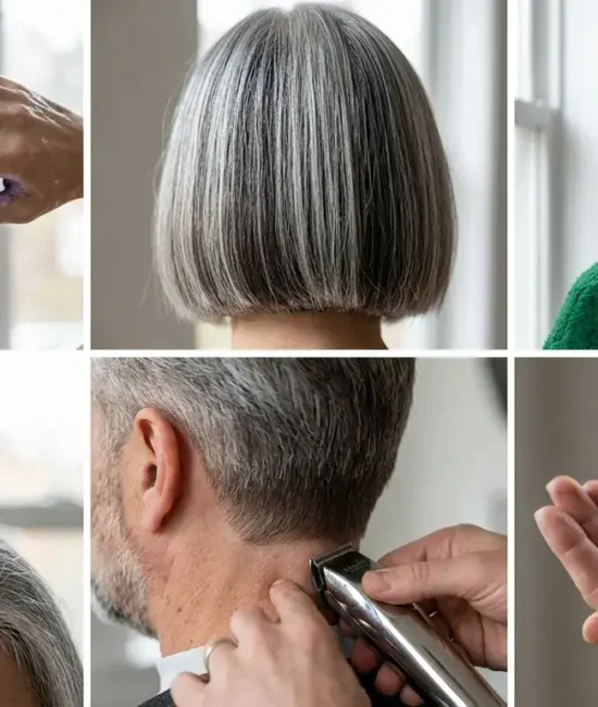 Six panel collage showing hair care steps cuts and styling techniques for silver hair over 50.