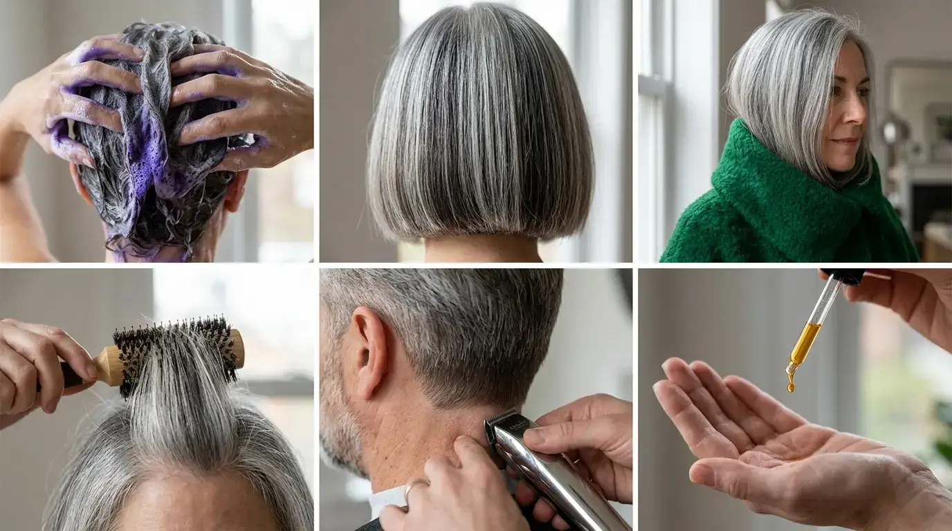 Six panel collage showing hair care steps cuts and styling techniques for silver hair over 50.