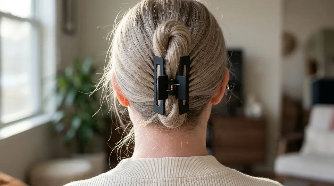 Long fine blonde hair secured against the head with a black rectangular claw clip using a doubled loop technique.