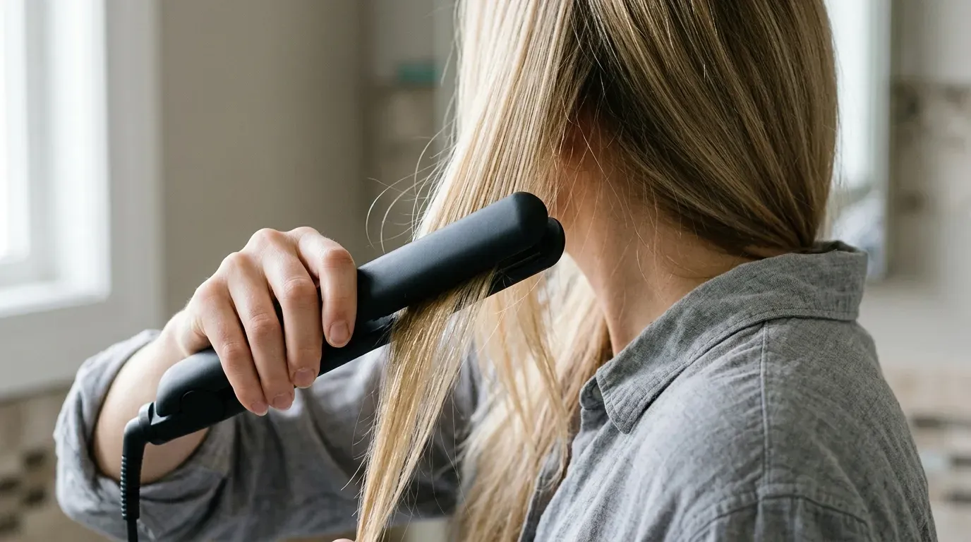A flat iron curling fine blonde hair at low heat to prevent damage.