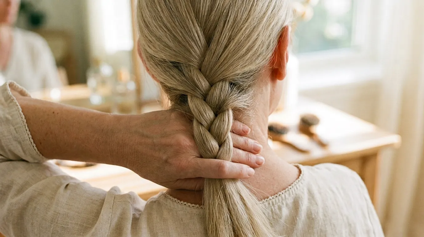Fine hair woven into a textured three-strand braid with visible matte grip