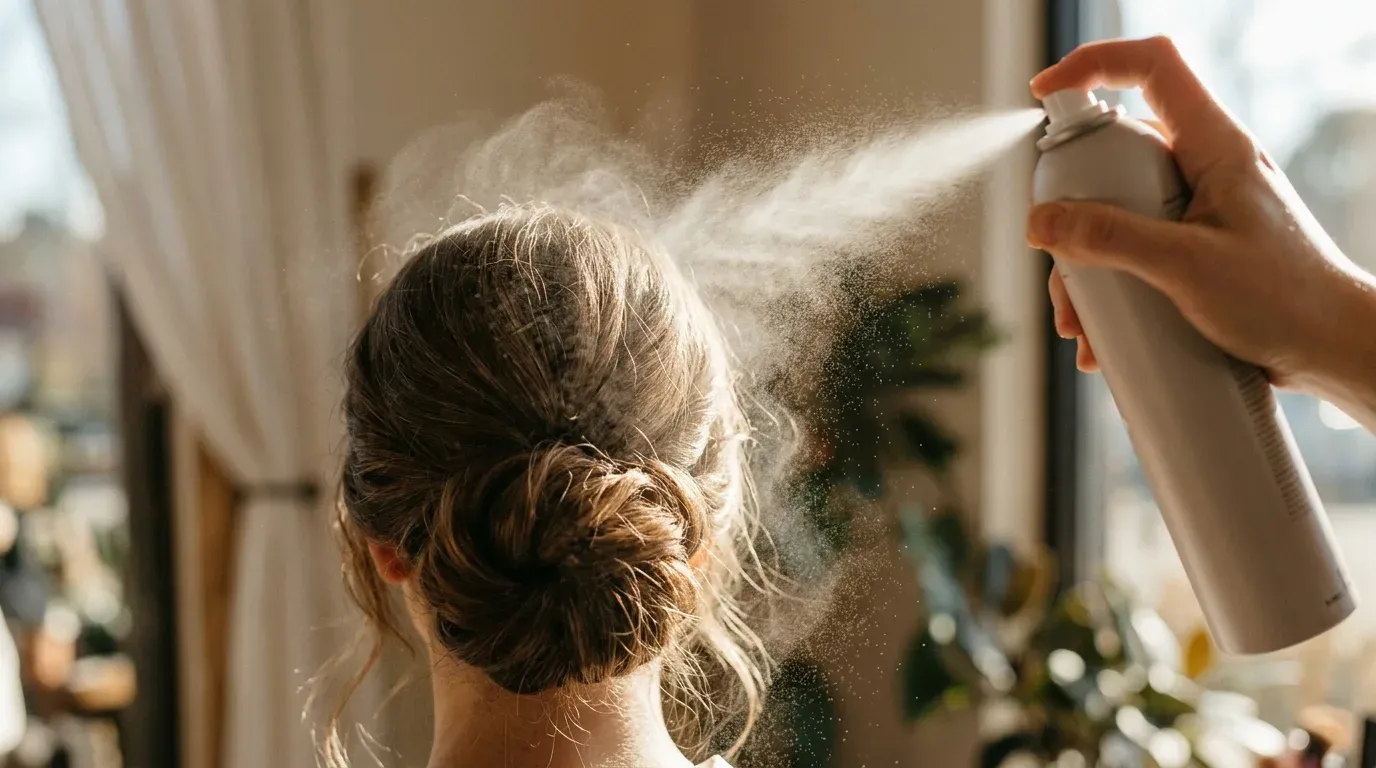 Misting a completed low bun with medium-hold flexible spray to maintain soft natural movement.