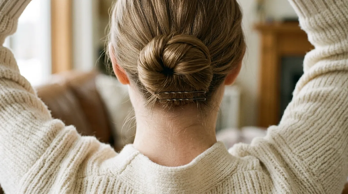Folded loop bun gathered at the nape of the neck to hide thin unwashed ends