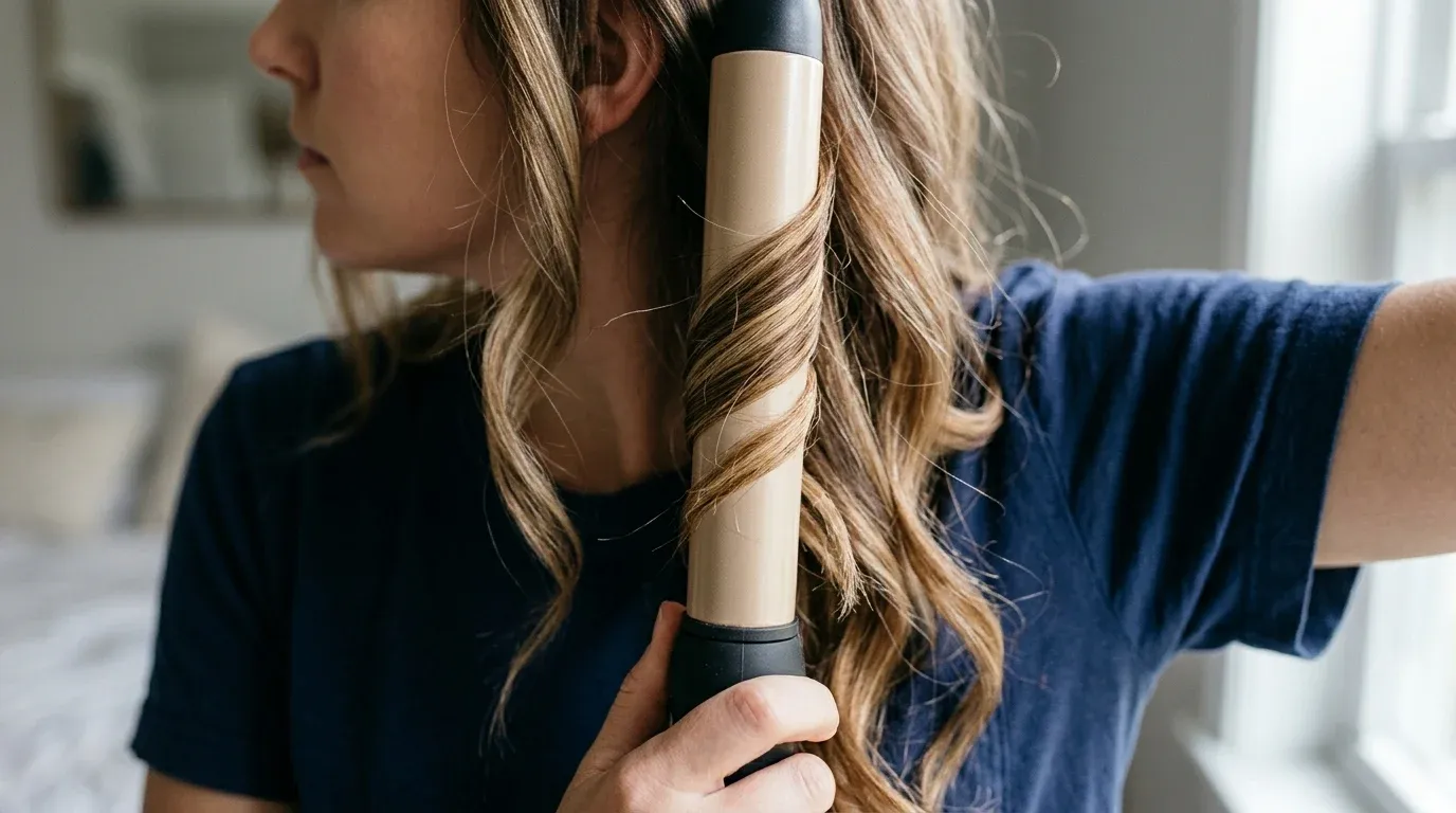 Heated ceramic styling iron creating a loose dimensional wave on shoulder length hair.