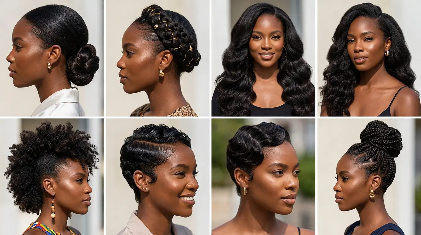 Six-box collage illustrating formal hairstyles for black women including updos, braids, and curls