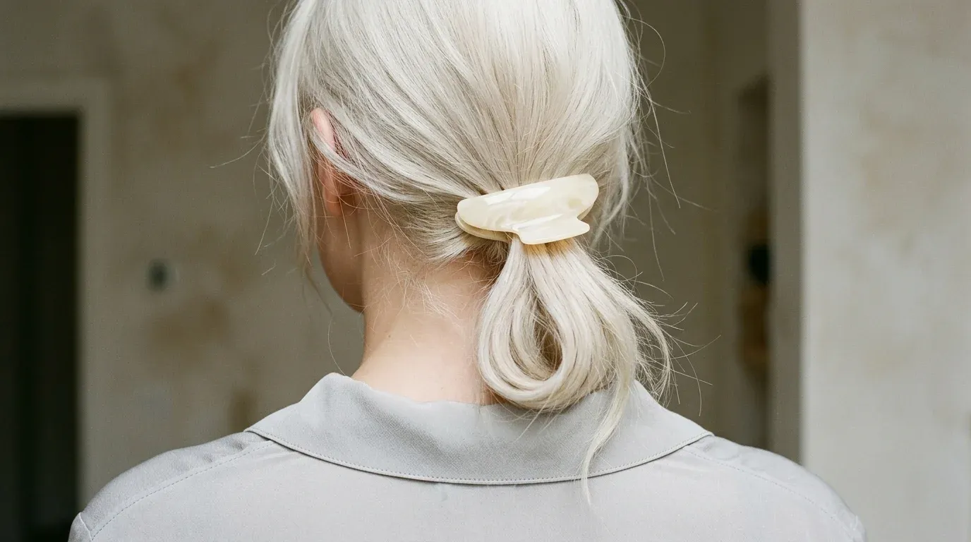Platinum blonde hair held loosely at the nape of the neck with a smooth ivory claw clip to prevent tension.