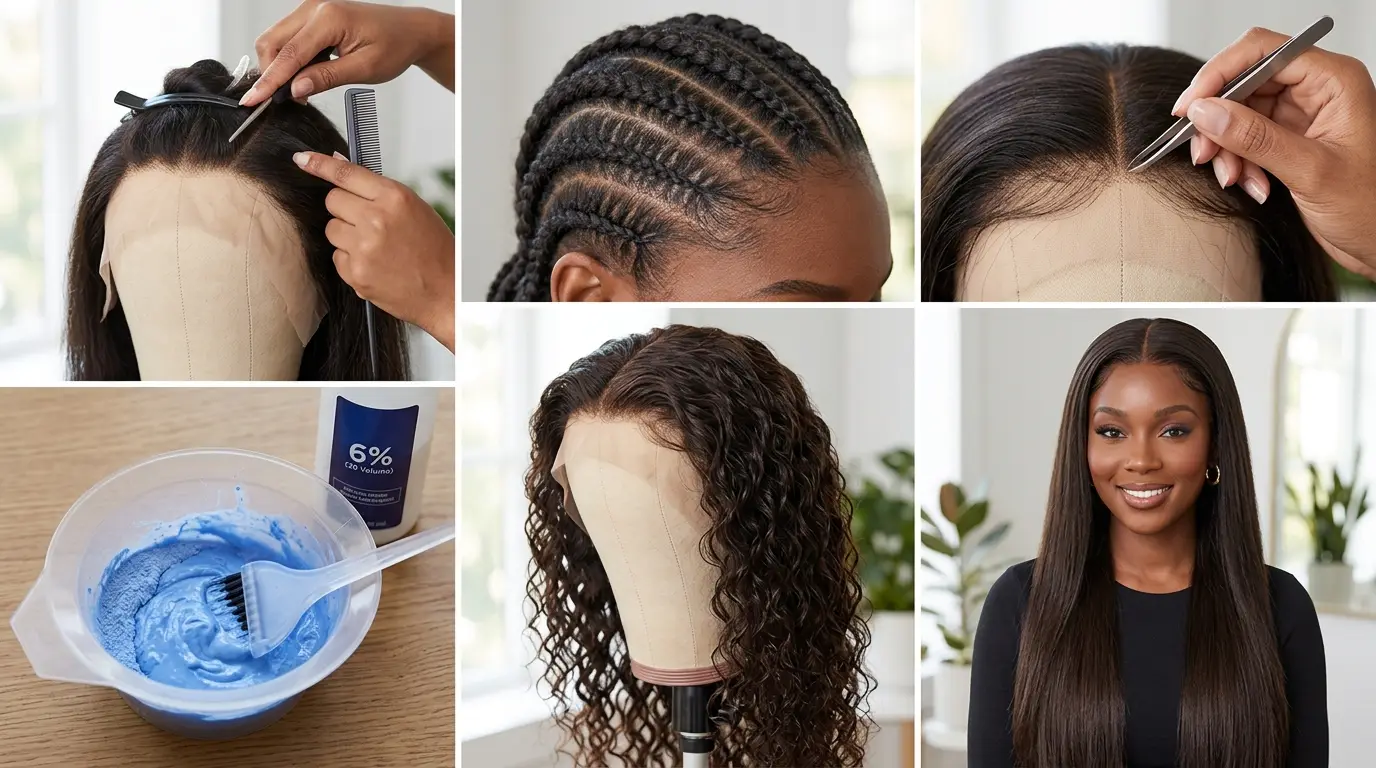 Six-box collage illustrating frontal wig maintenance, preparation techniques, and sleek hairstyles for black women