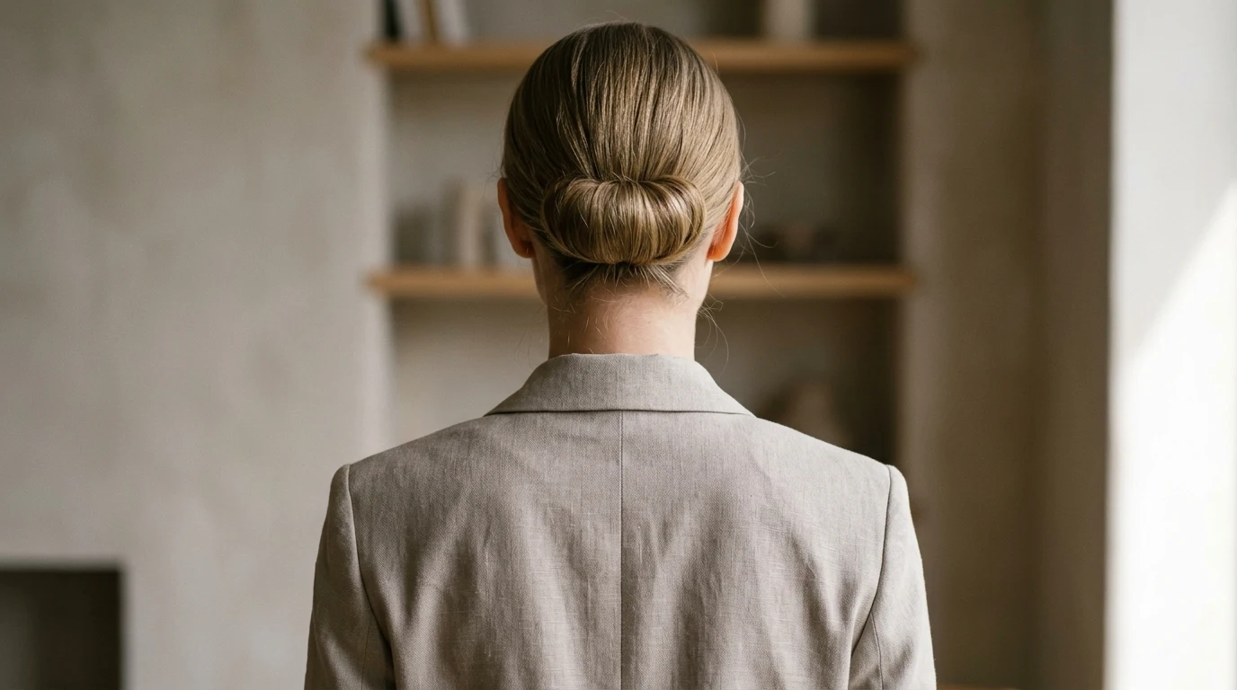 Gibson tuck rolled neatly at the nape to hide oily roots for work settings