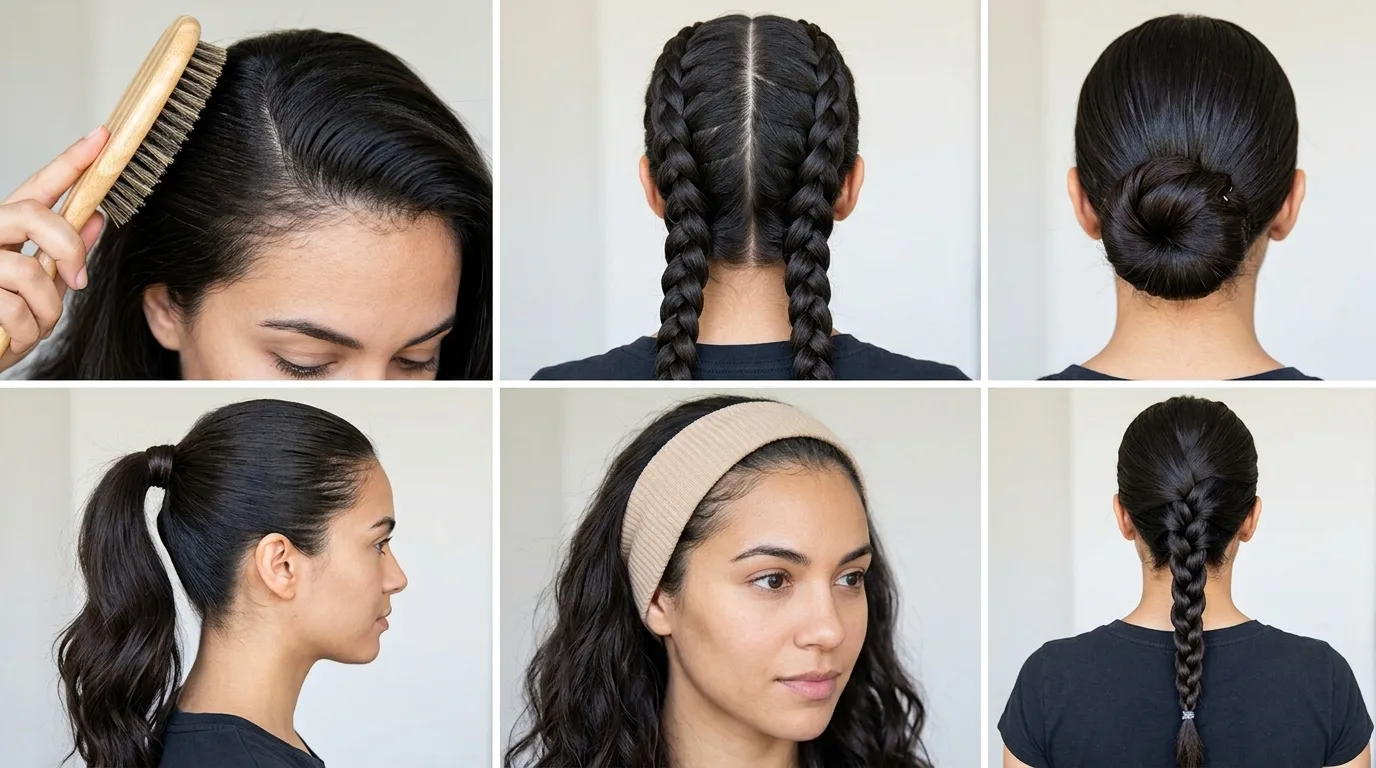 Six-box collage illustrating step-by-step hairstyles to disguise greasy roots and oily hair