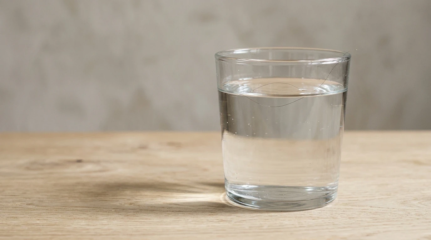Clear glass of water on a light oak table showing a single hair strand floating on top.