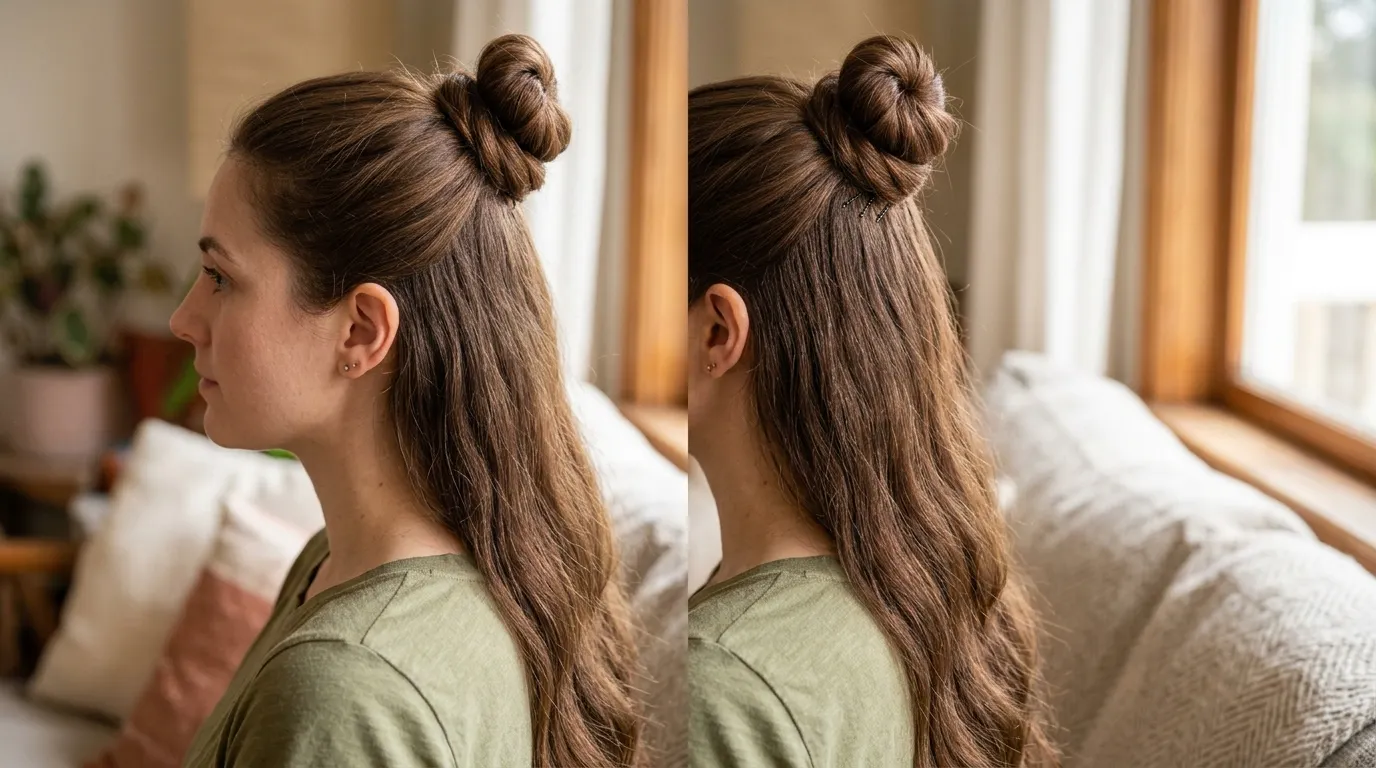 Half up topknot on long hair keeping crown oil contained while lengths drape freely