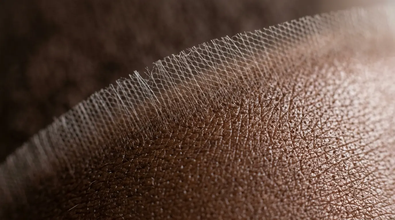 Macro shot of sheer HD lace melting smoothly against deep brown skin without a grey cast