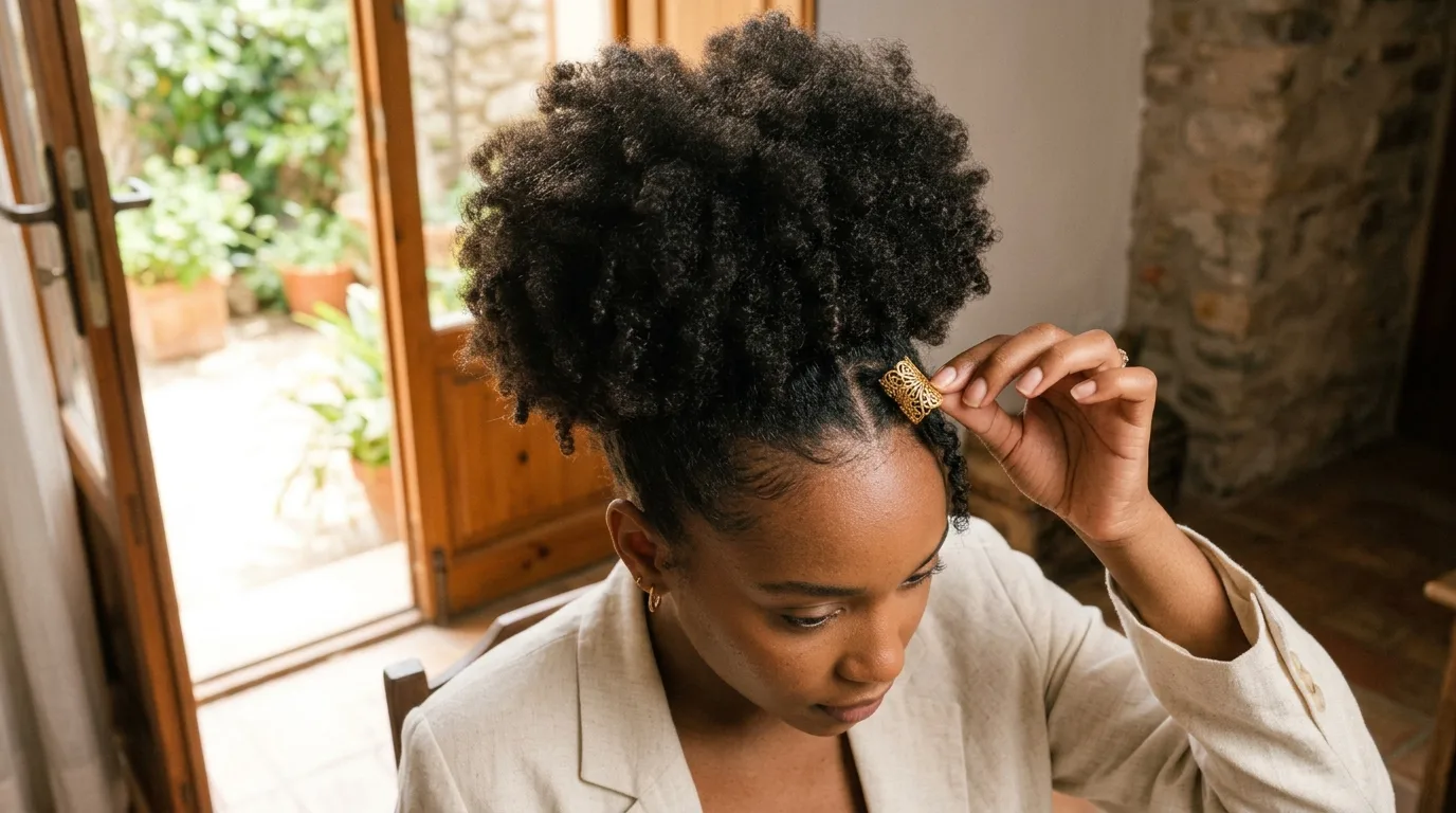 Voluminous natural high puff styled with gold filigree cuff accents