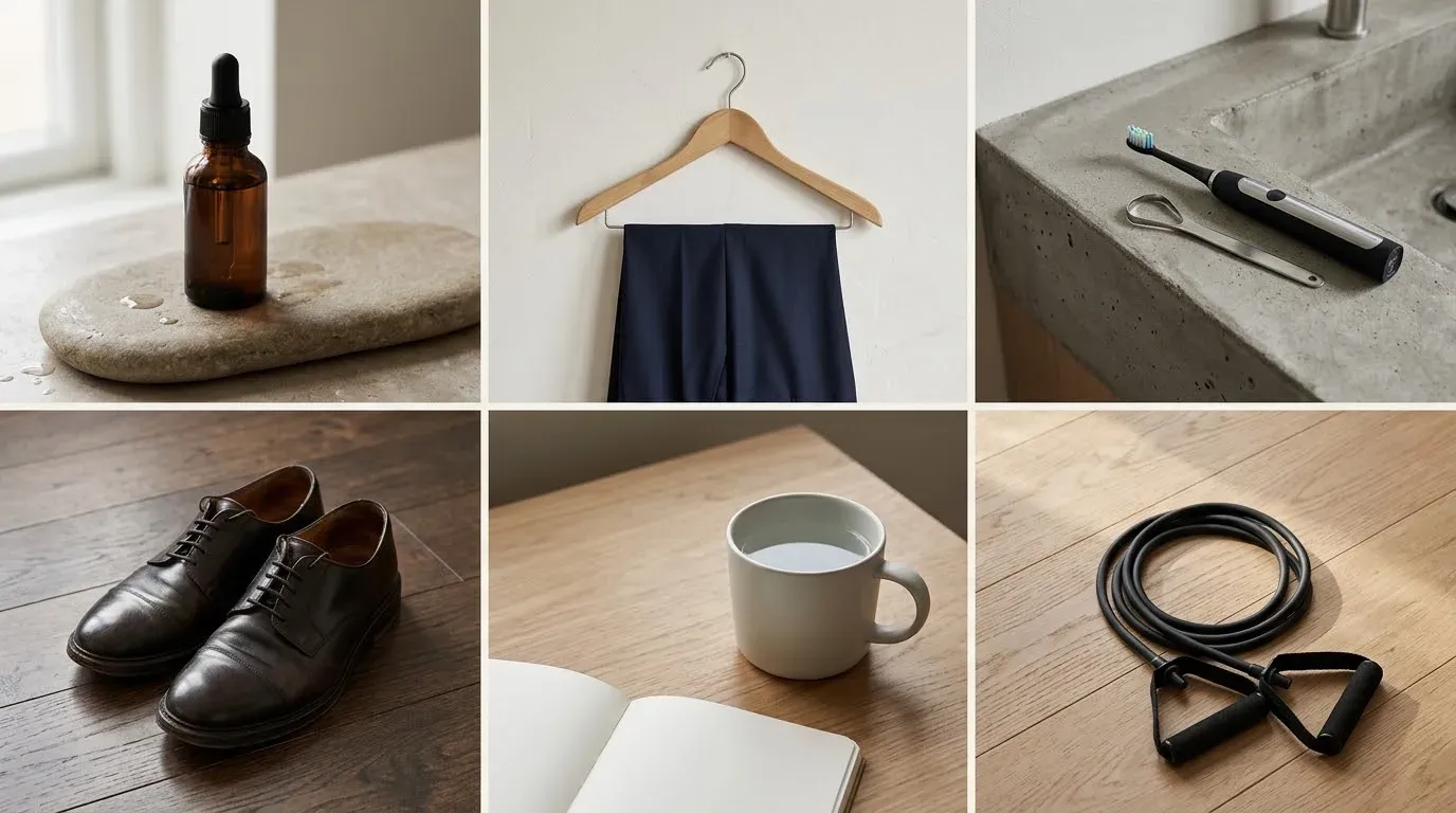 Six box grid showing essential items for personal grooming wardrobe care and physical wellness.