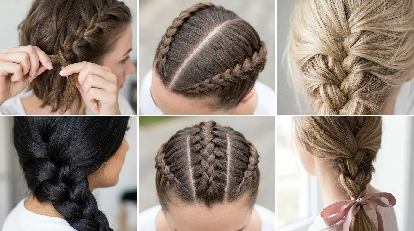 Six-box collage illustrating step-by-step methods to braid your own hair for different lengths and textures