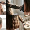 Six-panel collage demonstrating different straightener curling methods across varying hair textures.