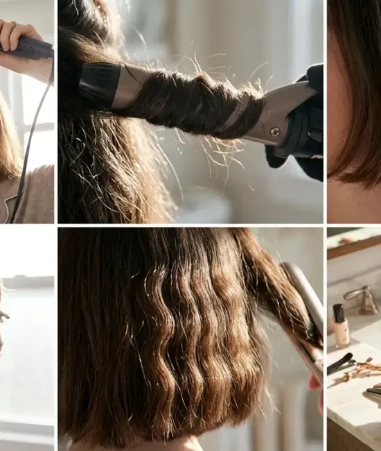 Six-panel collage demonstrating different straightener curling methods across varying hair textures.