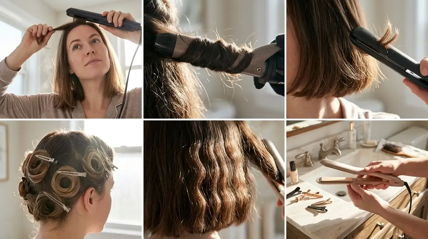 Six-panel collage demonstrating different straightener curling methods across varying hair textures.