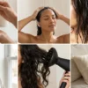 A six box collage showing practical hair care techniques from washing to styling and sleeping on silk.