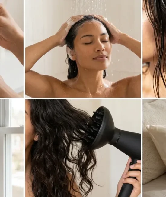 A six box collage showing practical hair care techniques from washing to styling and sleeping on silk.