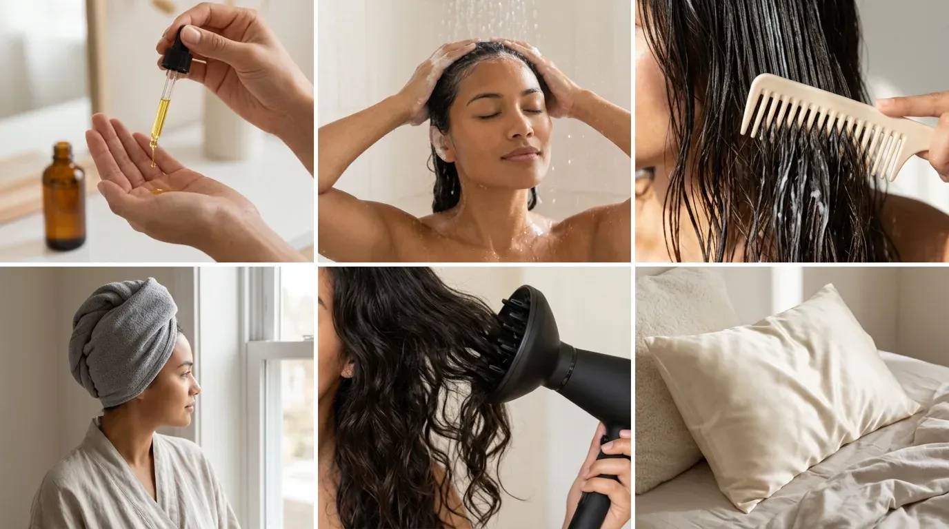 A six box collage showing practical hair care techniques from washing to styling and sleeping on silk.