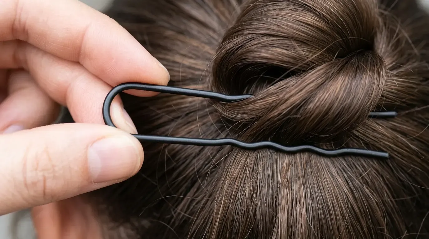 Inserting a u-shaped hair pin horizontally through the hair knot to lock it into the base.
