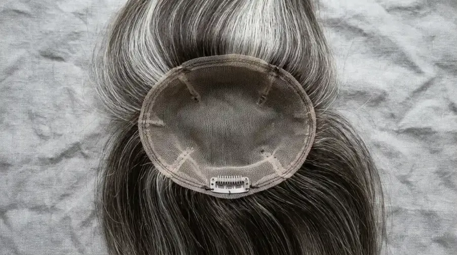 A natural human hair topper piece blending dark brown and silver strands.